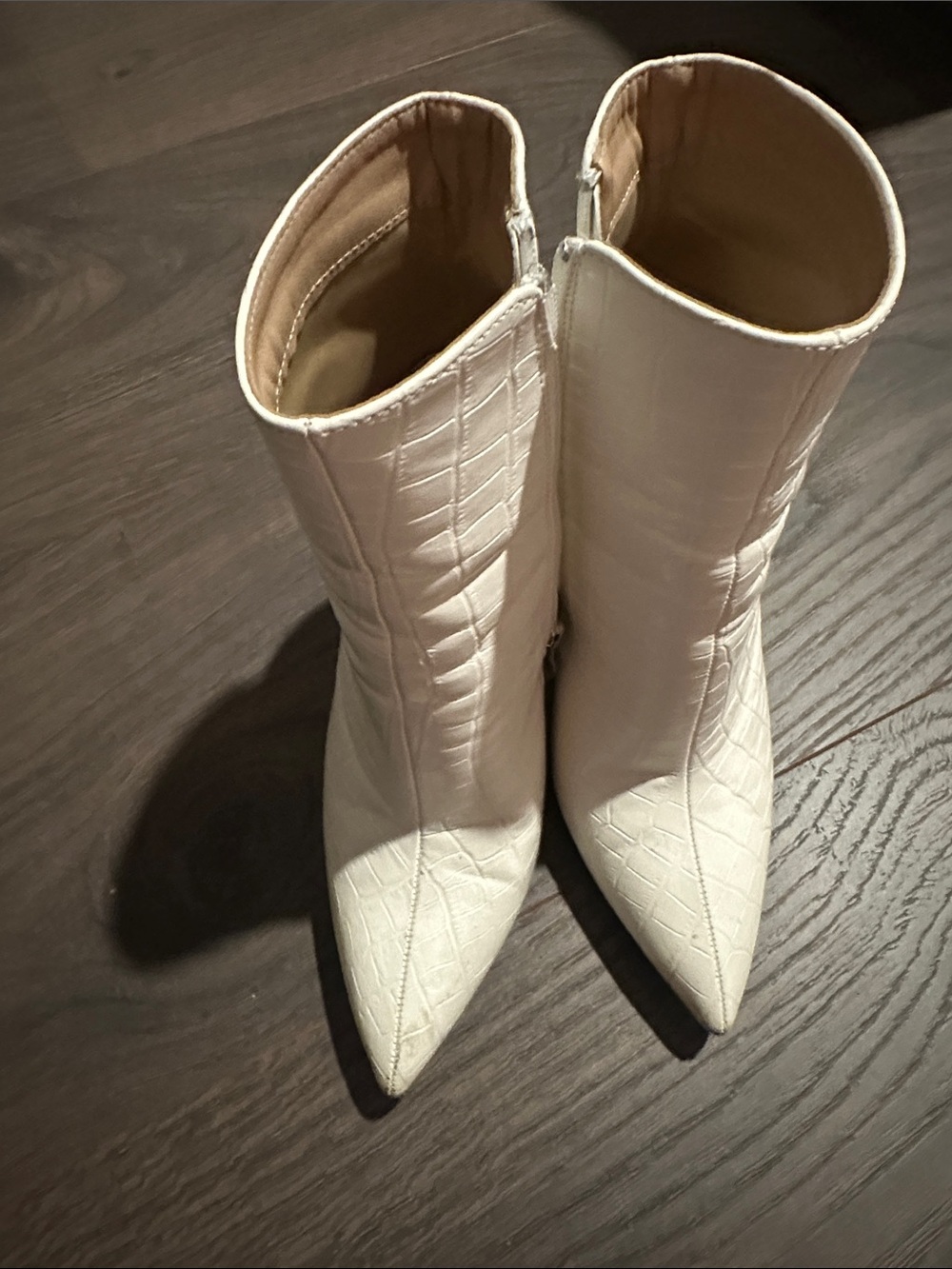 White Textured Pointed Toe Mid-Calf Boots - Women